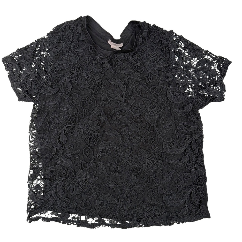 H&M Black Lace Overlay Top Short Sleeve‎ Floral Goth Romantic Coquette Size M